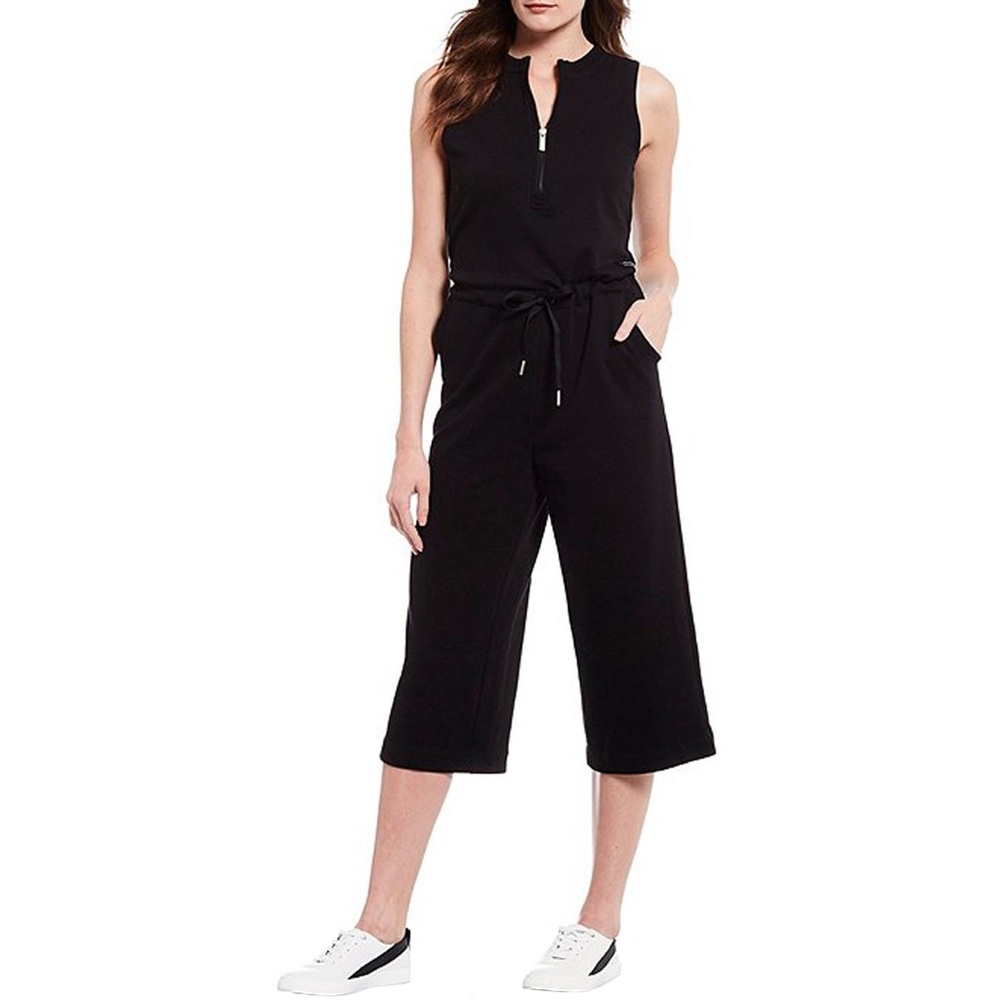 Performance Half Zip Sleeveless Drawstring Wide Leg Jumpsuit